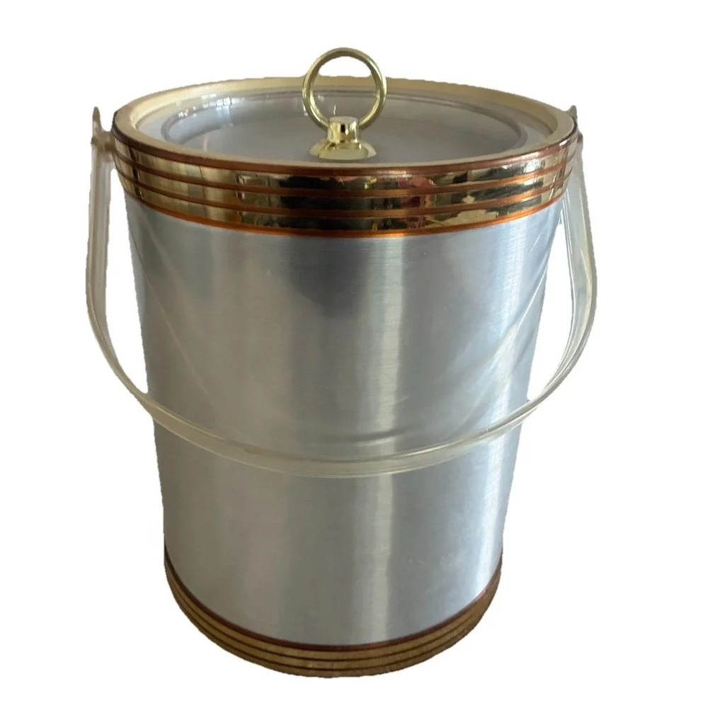 VTG Ice Bucket Silver Vinyl Gold Copper Accents Hooks Barware Shelton MCM *spots